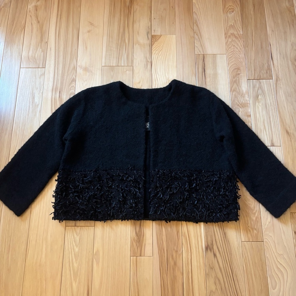 Igor by Igor Dobranic Gabrielle Black Wool Blend Open Front Fringe Accent Jacket
